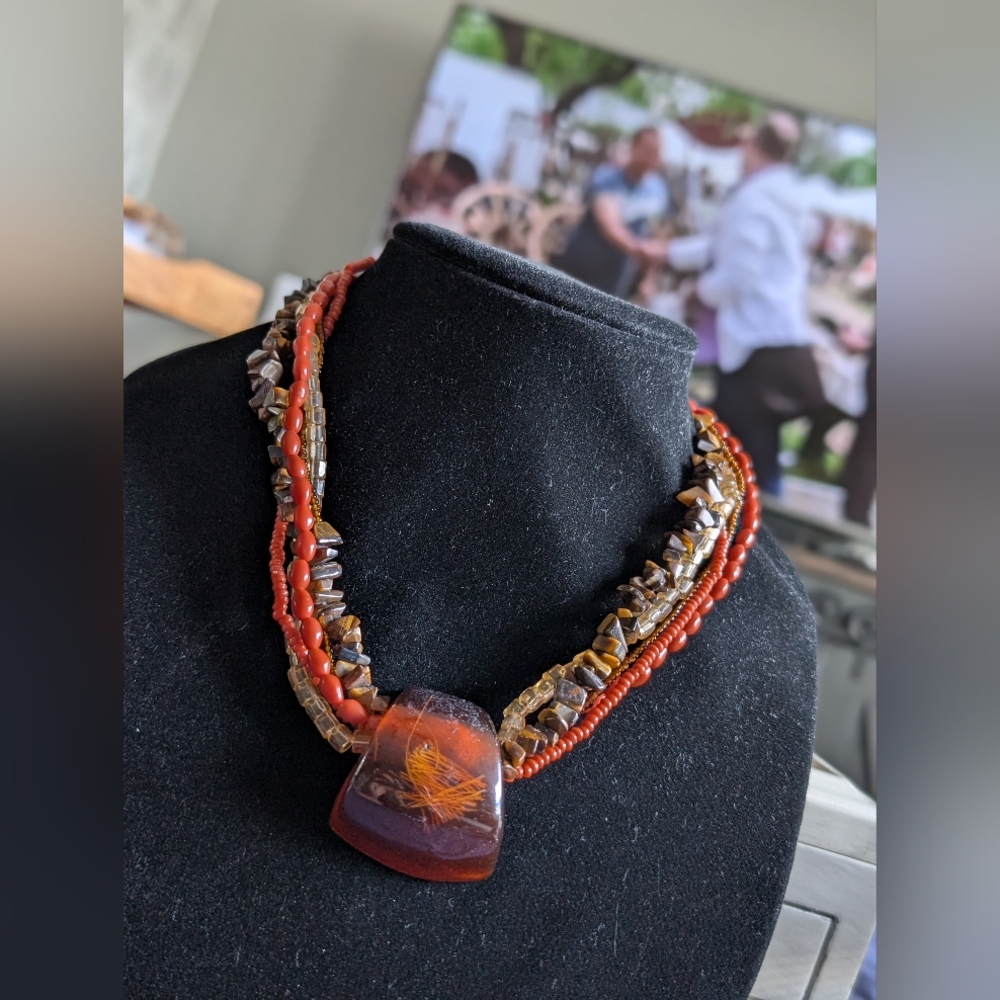 Elegant Multi-Strand Necklace with Amber Pendant